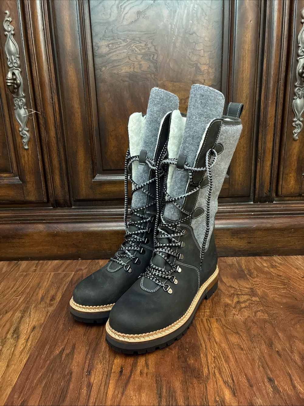 Bos. & Co. Black and Gray Tall Lace-Up Winter Rain Boots